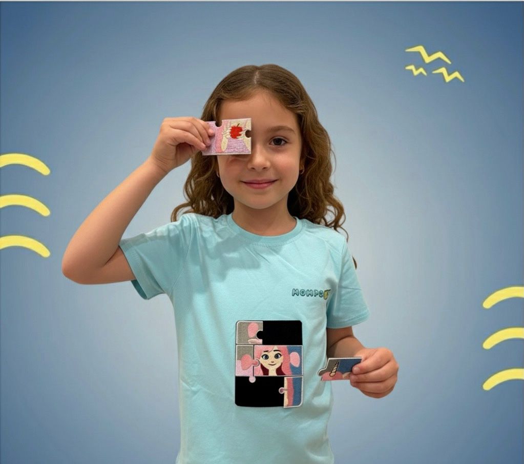 Puzzle-Up Unicorn&Bumblee Bee  Short Sleeve Shirt with additional puzzle patch for girls and boys with removable puzzle pieces, Mompokids, fun, interactive, machine washable, improves fine motor skills, fidget toy you can't loose