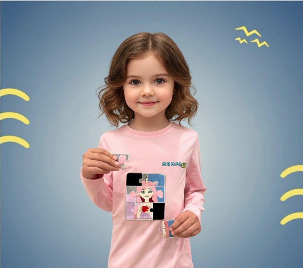 Puzzle-Up Unicorn&Bumblee Bee Long Sleeve Shirt with additional puzzle patch for girls and boys with removable puzzle pieces, Mompokids, fun, interactive, machine washable, improves fine motor skills, fidget toy you can't loose