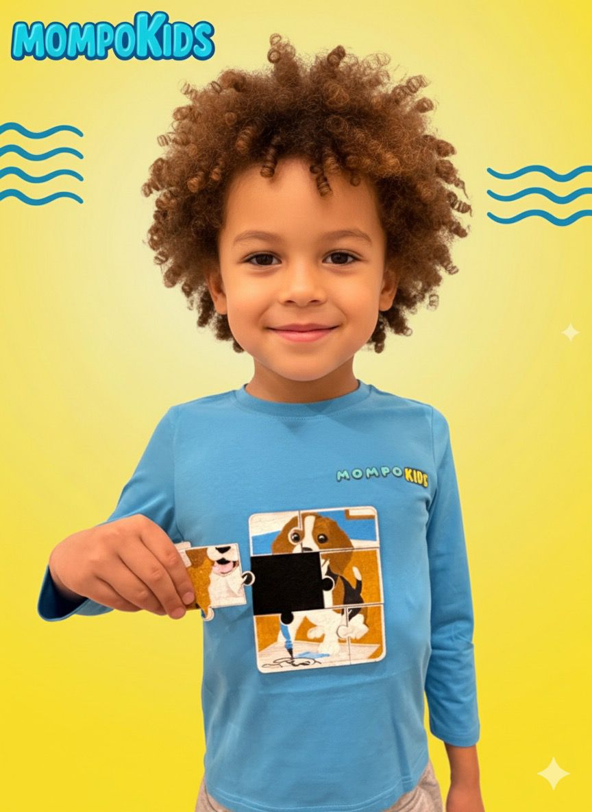Puzzle-Up Dog&Cat  Long Sleeve Shirt with additional puzzle patch for girls and boys with removable puzzle pieces, Mompokids, fun, interactive, machine washable, improves fine motor skills, fidget toy you can't loose