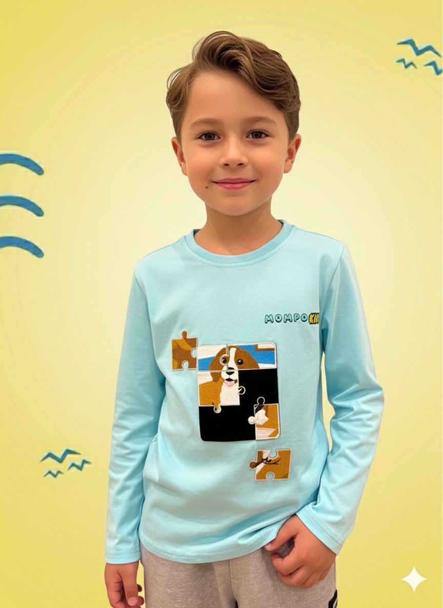 Puzzle-Up Dog&Cat  Long Sleeve Shirt with additional puzzle patch for girls and boys with removable puzzle pieces, Mompokids, fun, interactive, machine washable, improves fine motor skills, fidget toy you can't loose