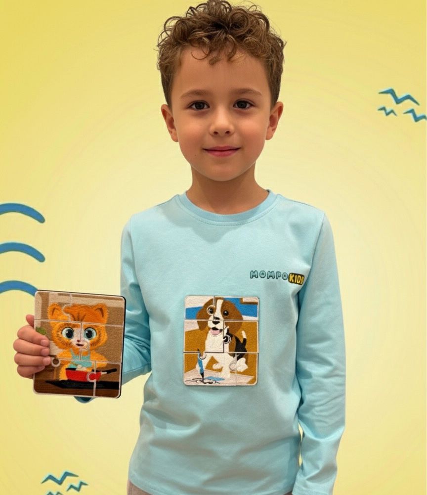 Puzzle-Up Dog&Cat  Long Sleeve Shirt with additional puzzle patch for girls and boys with removable puzzle pieces, Mompokids, fun, interactive, machine washable, improves fine motor skills, fidget toy you can't loose