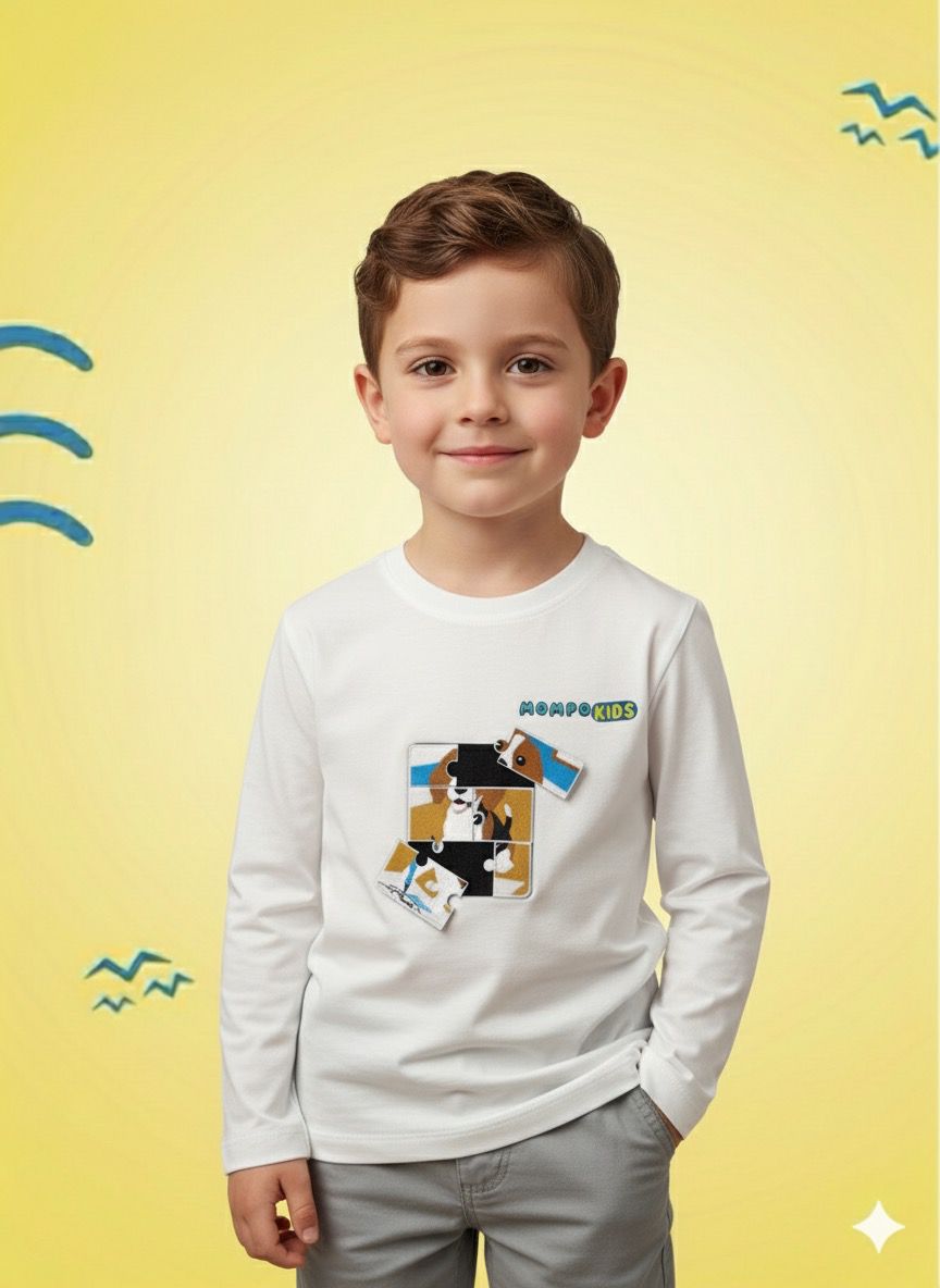 Puzzle-Up Dog&Cat  Long Sleeve Shirt with additional puzzle patch for girls and boys with removable puzzle pieces, Mompokids, fun, interactive, machine washable, improves fine motor skills, fidget toy you can't loose
