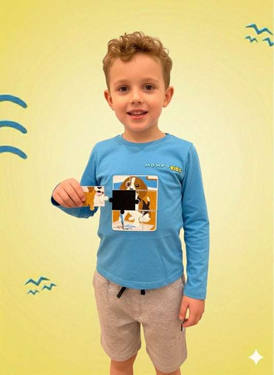 Puzzle-Up Dog&Cat  Long Sleeve Shirt with additional puzzle patch for girls and boys with removable puzzle pieces, Mompokids, fun, interactive, machine washable, improves fine motor skills, fidget toy you can't loose
