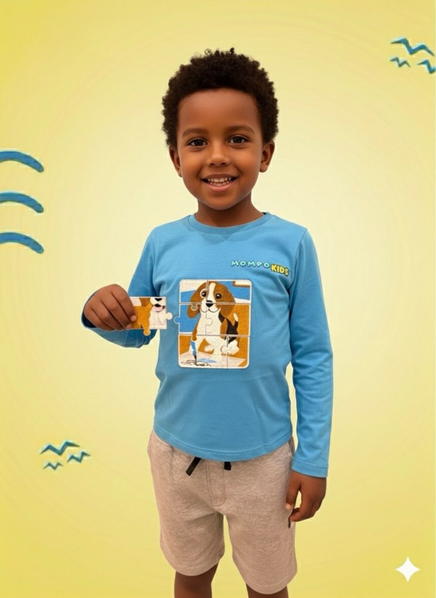 Puzzle-Up Dog&Cat  Long Sleeve Shirt with additional puzzle patch for girls and boys with removable puzzle pieces, Mompokids, fun, interactive, machine washable, improves fine motor skills, fidget toy you can't loose