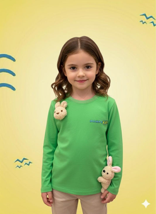 Snap-a-Plush Long Sleeve Shirt with hang along & removable Plush Bunny for girls and boys, Mompokids, fun, interactive, machine washable, fidget toy you can't loose