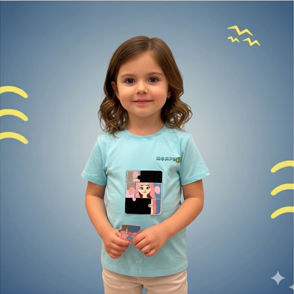 Puzzle-Up Unicorn&Bumblee Bee  Short Sleeve Shirt with additional puzzle patch for girls and boys with removable puzzle pieces, Mompokids, fun, interactive, machine washable, improves fine motor skills, fidget toy you can't loose