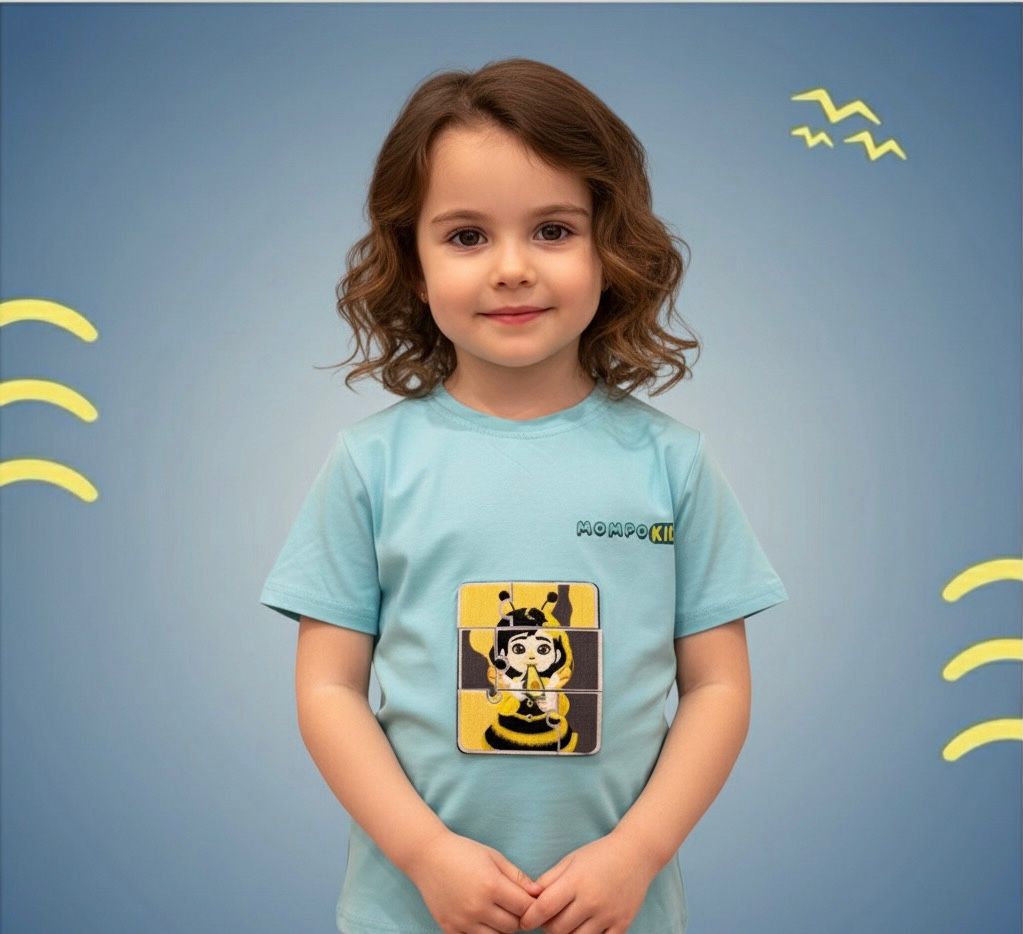 Puzzle-Up Unicorn&Bumblee Bee  Short Sleeve Shirt with additional puzzle patch for girls and boys with removable puzzle pieces, Mompokids, fun, interactive, machine washable, improves fine motor skills, fidget toy you can't loose