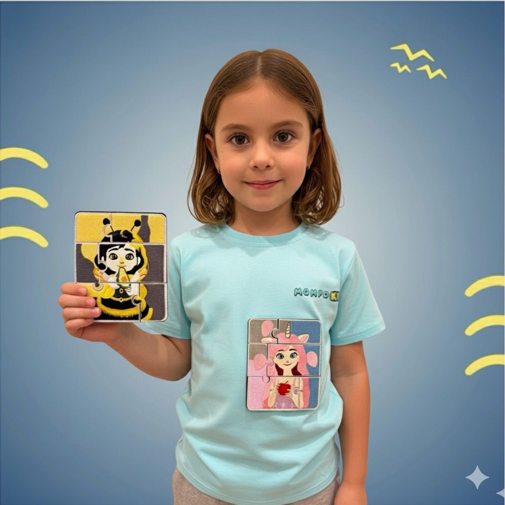 Puzzle-Up Unicorn&Bumblee Bee  Short Sleeve Shirt with additional puzzle patch for girls and boys with removable puzzle pieces, Mompokids, fun, interactive, machine washable, improves fine motor skills, fidget toy you can't loose