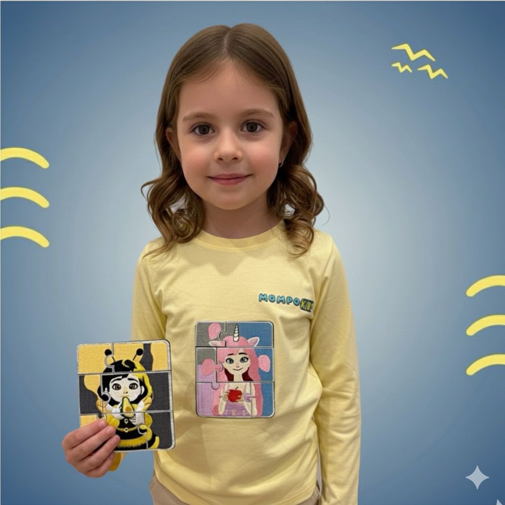 Puzzle-Up Unicorn&Bumblee Bee Long Sleeve Shirt with additional puzzle patch for girls and boys with removable puzzle pieces, Mompokids, fun, interactive, machine washable, improves fine motor skills, fidget toy you can't loose