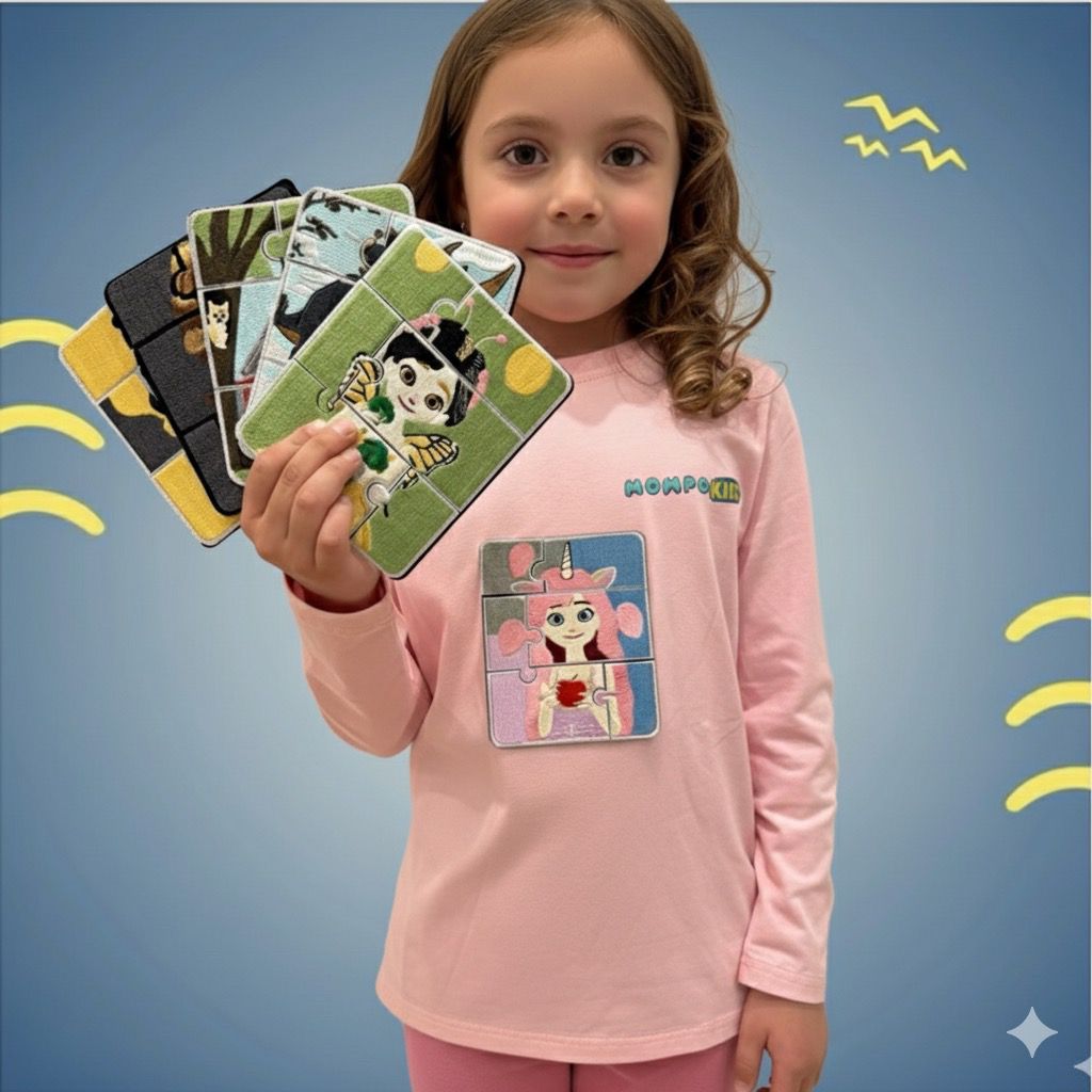 Puzzle-Up Unicorn&Bumblee Bee Long Sleeve Shirt with additional puzzle patch for girls and boys with removable puzzle pieces, Mompokids, fun, interactive, machine washable, improves fine motor skills, fidget toy you can't loose